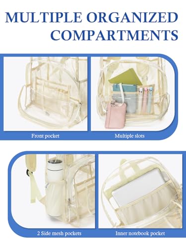 Image of Clear Backpack for School, 17 inch Large Heavy Duty-TPU See Through Bookbag for Boys Girls and Adult, Transparent Backpack With Multi-Pockets for College Work Gym Sport, Beige