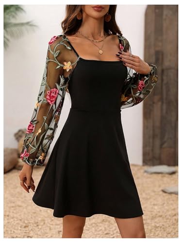 Image of Floerns Women's Floral Mesh Bishop Long Sleeve Square Neck Boho A Line Dresses