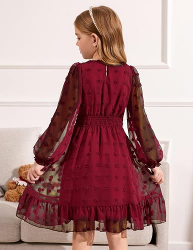 Arshiner Girls Dresses Long Sleeve Square Neck Swiss Dot Flowy Casual Party Dress3