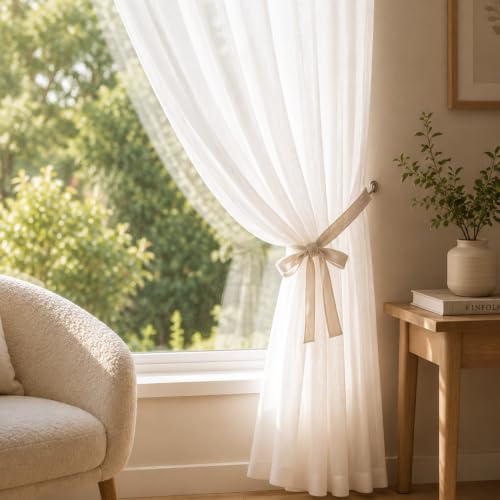 Image of LINENWALAS Aesthetic Sheer Curtains 6 Feet Long Set of 2, Poly Linen Shrink & Fade Proof Drapes for Window, Semi Transparent Modern Panels with Rod Pocket Hanging for Living Room (White /6 Feet)