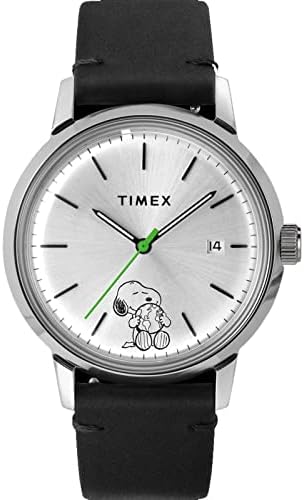 Timex x Peanuts Men's Marlin Automatic 40mm Watch – Snoopy Take Care of The Earth with Black Genuine Leather Strap