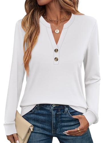 ANRABESS Women's Long Sleeve Shirts 2025 Fall Henley Business Casual Tops Cute T-Shirts Work Blouses Outfits Vacation Clothes White Large