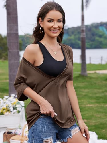 Image of UNCLECAT Womens Deep V Neck T Shirts Summer Oversized Short Sleeve Tops | V Neck, Sexy, Solid, Loose Fit, Casual, Trendy, Going Out, Daily Wear, Workout