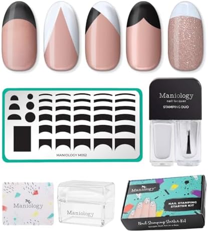 Maniology Pardon My French Nail Stamping Starter Kit | Easy French Tip Nail Art, Classic & Timeless Design DIY Manicures – Includes Stamping Plate, Polish, Top Coat, Stamper & Scraper Card