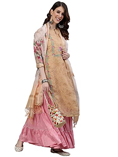 Image of Jaipur Kurti Women's Silk Kurta with Palazzo & Dupatta (AVKPLZ1898 Yellow M)