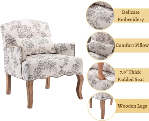 Ealson Mid Century Accent Chair Modern Floral Armchair Wingback Club Chair Upholstered Fabric Single Sofa Lounge Chair With Pillow For Living Room/Bedroom, Beige #TOP3