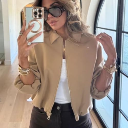 Xunger Women’s Cropped Bomber Jacket Puffed Sleeves Zip Up Trendy Casual Streetwear Outerwear with Pockets2
