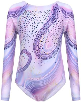 iiniim Turnpakje voor meisjes, glitterpak met shorts, haarband, tricot, lange mouwen, leotard, wedstrijd, danskostuum, roze en zwart., 110-116