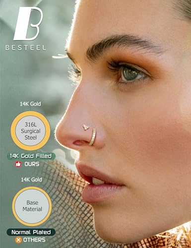 Besteel Gold Plated Nose Rings for Women - 14K Gold Filled Hypoallergenic Surgical Steel Nose Ring Hoops 20G CZ Screw L Shaped Nose Studs Nose Piercings Jewelry for Women Men3