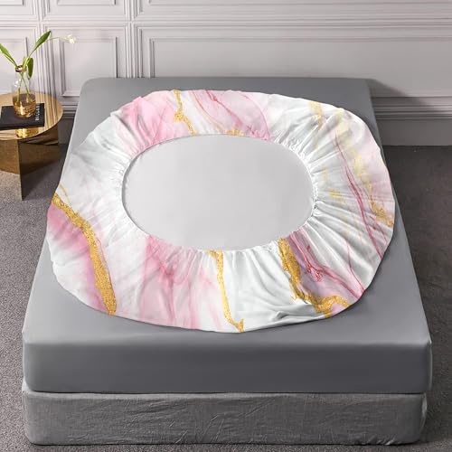 Edgzko PINK MARBLE SHEET-QUEEN Sheet Set Pink Marble: Queen Size Pink Abstract Bed Sheets For Teen Girls Kids Women Deep Pocket Gold Glitter Marbling 4Pc Bedding Sets 1 Fitted Sheet & 1 Flat Sheet & 2 Pillowcases thumb #2