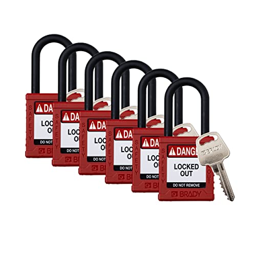 Image of Brady Safety Lockout Padlock Sets - 6 Pack - Red - Keyed Alike Safety Lockout Padlocks - 1 Key Per Lock - SDPL-RED-38PL-KA6