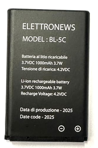 Batteria per cellulare Brondi Amico Chic 1000mAh, 3,7V BL-5C Nera ATTENZIONE prima di acquistare veirifcare che la foto corrisponda alla batteria originale. Prestazioni pari all'originale.