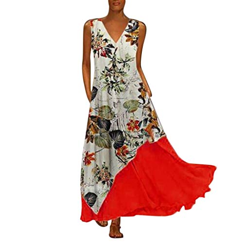 Women Boho Dress Plus Size Casual V Neck Splicing Layered Irregular Hem Maxi Dresses Vintage Floral Printed Loose Sleeveless Chiffon Dress, S-5XL (Red, 3XL)