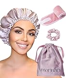 100% Pure Mulberry Silk Bonnet for Sleeping, Double Layer Silk Hair Bonnet, Silk Hairband & Face Wash Headband Set,Silk bonnet with adjustable strap, Silk Night Cap for curly hair , (PinkChampagne)