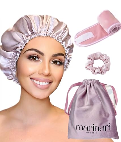 100% Pure Mulberry Silk Bonnet for Sleeping, Double Layer Silk Hair Bonnet, Silk Hairband & Face Wash Headband Set,Silk bonnet with adjustable strap, Silk Night Cap for curly hair , (PinkChampagne)