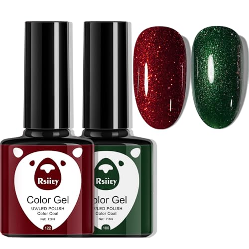 Christmas Gel Nail Polish Set, 2PCS Glitter Red Green Burgundy Dark Red Gel Nail Varnish, Sparkle Shimmer Soak off LED/UV Lamp Nail Manicure Nail Polish Sets for Women Nail Art Salon DIY Home