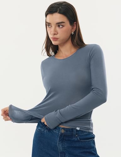 Image of Women's Merino Wool Blend Shirts Long Sleeve Tops Crew Neck Fitted Basic Tee Cozy Embrace Collection
