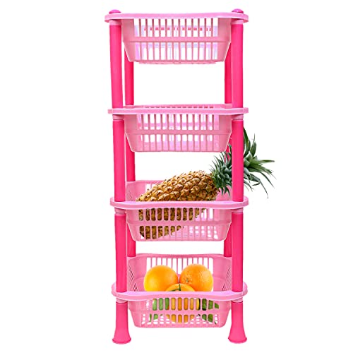 Image of Kuber Industries Plastic 4-Tier Multi-Purpose Square Storage Basket, Organizer, Shelf Rack (Pink)-50KM01717