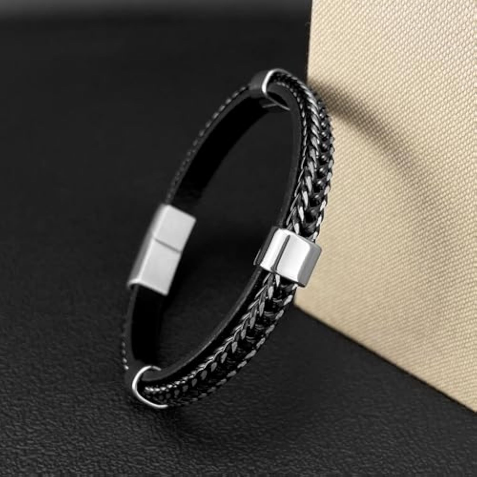 Stainless Steel Black Leather Stylish Bracelet for Men & Boys