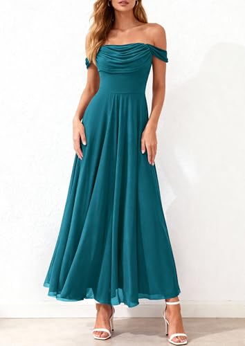 PRETTYGARDEN Womens Off Shoulder Maxi Summer Dresses 2026 Elegant Mesh Aline Swing Ruched Flowy Cocktail Wedding Guest Dress (Lake Blue,Medium) — view 2