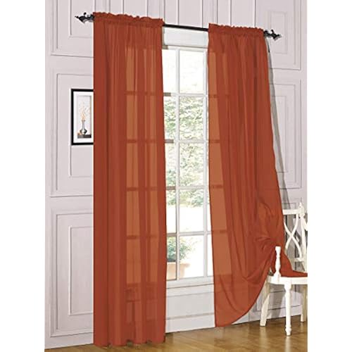Decotex 2 Piece Sheer Voile Light Filtering Rod Pocket Window Curtain Panel Drape Set Available in a Variety of Sizes and Colors (54" X 54", Brick)