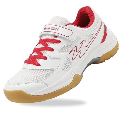 cungel Kids Badminton Shoes Boys Girls Indoor Court Tennis Shoes Hook Loop Strap, White Red, 3 Big Kid