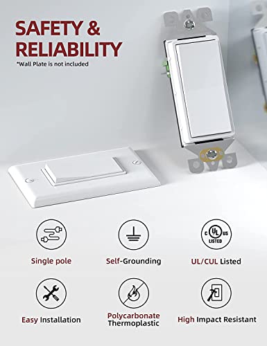 Aida Single Pole Rocker Decora Light Switch, 15 Amp Self-Grounding Electrical Light Switches, Residential Grade, Ul Listed (50 Pack, White) #TOP1