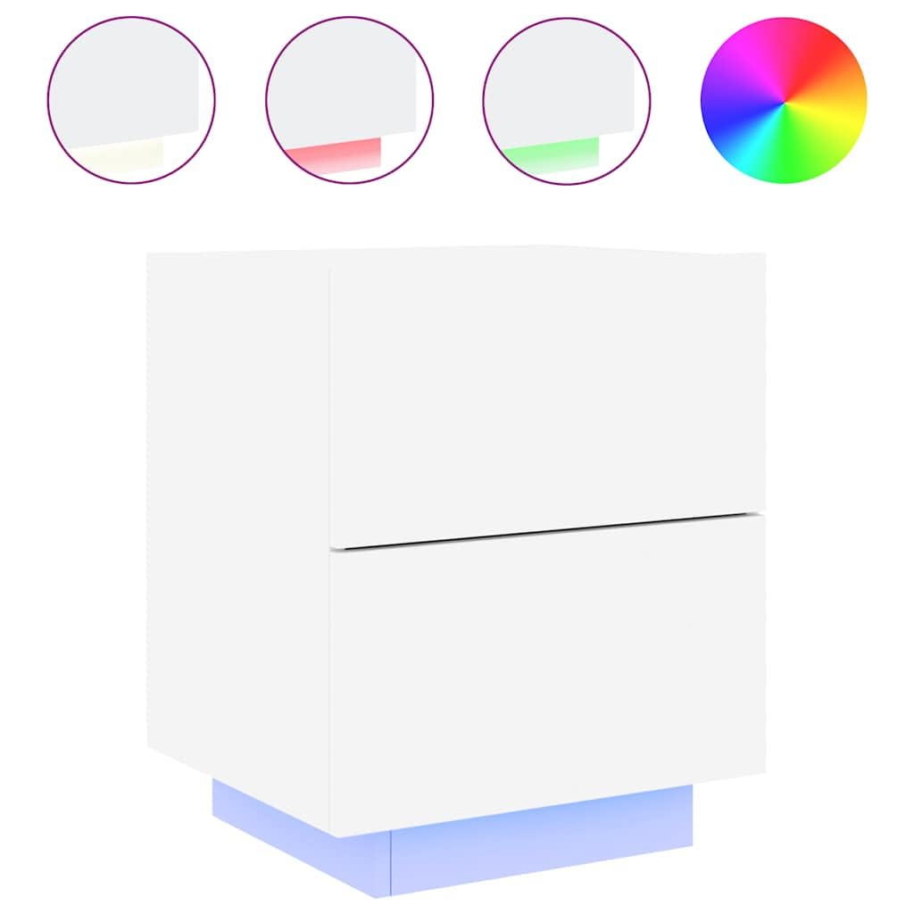 Mesita de noche LED auxiliar blanca de madera 45 x 40 x 55 cm con luz RGB y 2 cajones, moderno armario de noche para dormitorio, salón, pasillo