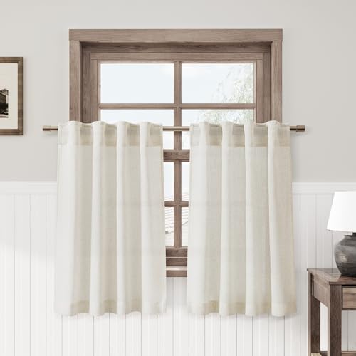Nanspring Rustic Linen Kitchen Curtains 30 Inch Length Curtain Small Window Drapes Farmhouse Cafe Light Filtering for Small Windows Flax Drape with Back Tab Rod Pocket Cream 2 Panels 24Wx30L