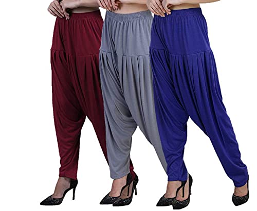 Image of Casuals Women's Regular Fit Viscose Drawstring Patiala Harem Pants Combo Pack 3 (Maroon :: SteelGrey :: Royal Blue,XL)