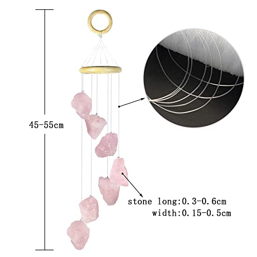 Rose Quartz Raw Stone Wind Chime with Wooden Hanging Circle Boho Patio Home Garden Windows Wall Ornament - Image 4