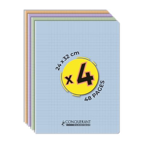 Conquérant, Lot de 4 Cahiers Classique Pastel 24x32 48 Pages Grands Carreaux Seyès Agrafées, Couverture Polypro, Pastel Vert, Lilas, Abricot, Bleu