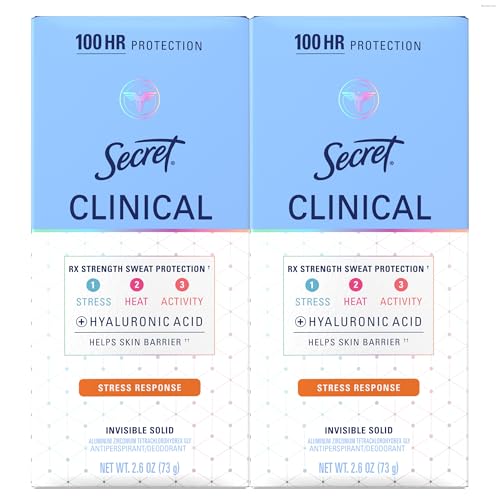 Secret Clinical Strength 100HR Sweat & Odor, Stress Response Invisible Solid Antiperspirant Deodorant for Women, 3X Stress Protection with Hyaluronic Acid, PH Balanced, 2.6 oz (Pack of 2)