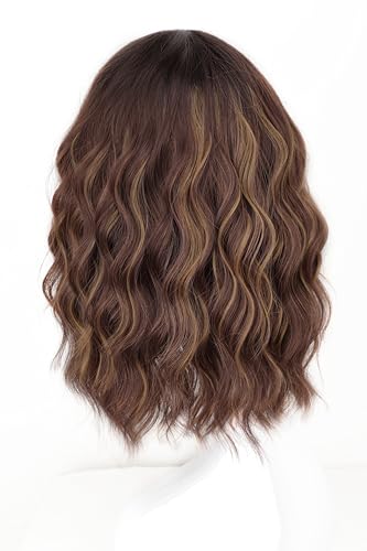 Image of AISI HAIR Curly Bob Wig with Bangs Short Wavy Chestnut Mixed Dark Brown Color Wigs for Women Bob Style Synthetic Heat Resistant Bob Wigs