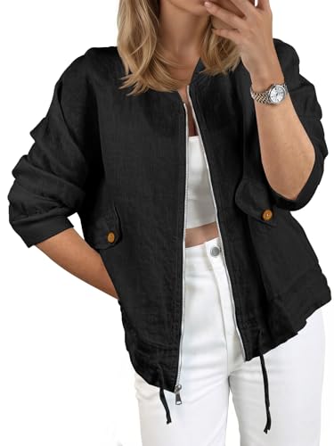 Tankaneo Womens Lightweight Linen Bomber Jackets Summer Cotton Zip Up Coat