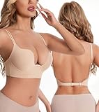 HACI Backless Plunge U Neckline Push Up Bra Deep V Padded Low Cut for Support(Sand,34C)