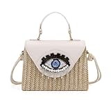 Handmade Bohemian Style Straw Handbag with Evil Eye Embellishment, Novelty Funny Crystal Decor Box Crossbody Bag Tote Clutch (White)