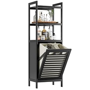 HITNET Tilt Out Laundry Hamper, Bamboo Bathroom Cabinet with Pull Out Removable Bag and 3 Tier Storage Shelves, 10 Gal Clothes Basket with Metal Handle, Black