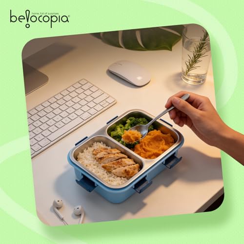 Image of Belocopia Gobblez Stainless Steel Lunch Box 525ml | Blue | SUS 304 Food Grade Steel | 3 Compartment Leakproof Tiffin Box with Spoon | Airtight Lunchbox for Office, School & Meal Prep
