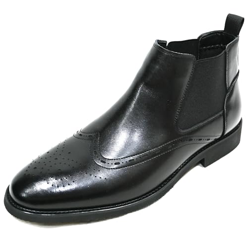 Image of Pradize Men’s Black Artificial Leather Chelsea Boots With Brogue Detailing And Low Heel (Black, 43=UK-9)