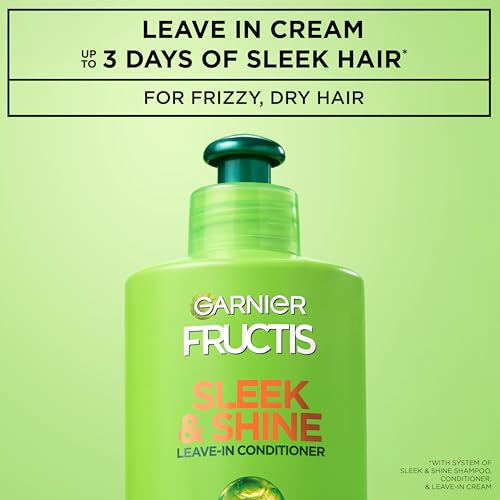 Image of Garnier Fructis Sleek & Shine Leave-In Conditioner Cream, Anti-Frizz Hair Treatment with Plant Keratin + Argan Oil, Controls Frizz and Provides Smoothness For Frizzy, Dry Hair, 10.2 Fl Oz (Pack of 2)