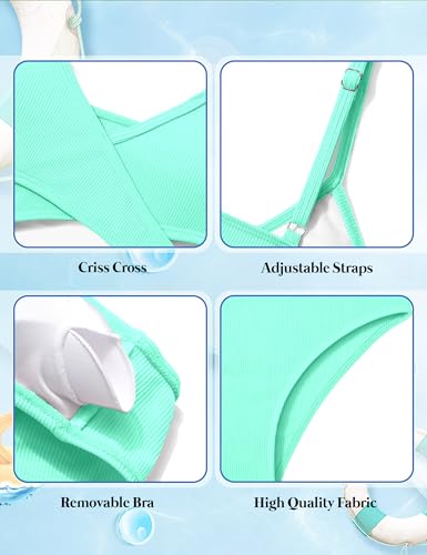Image of Girls Swimsuit Bikini Set,Criss Cross Bathing Suits for Girl Two Piece Solid Color Girls' Swimwear for 7-16 Years