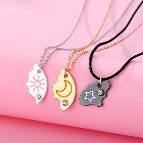 BFF Sun Moon Star Best Friend Forever Necklace 3 Pcs Puzzle Matching Pendant Necklaces Bestie Friendship Necklace Long Distance BFF Necklaces Gift for Friend Unisex2