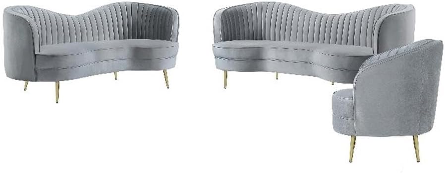 MAKLAINE 3-Piece Sofa Set, Gray Velvet Upholstery, Includes Sofa, Loveseat, and Chair, Camel Back Design, Gold Stainless Steel Legs, Glam Style Living Room Furniture, Seating for 6