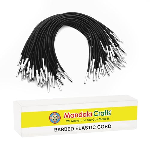 Mandala Crafts Black Barbed Elastic Barbed Cord - 50 Round 6.5” Craft Elastic Party Hats Elastics Cord with Metal Ends for Elastic Mask Strings Menu Stretch Loop Band Fastener