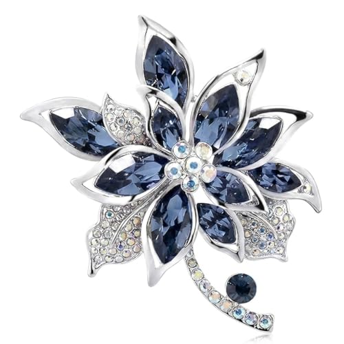 Blue Crystal Flower Brooch Pin for Women, Silver Tone Rhinestone