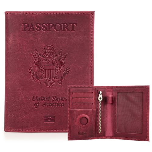 CONTACTS Full Grain Leather Passport Holder RFID Blocking Travel Passport Wallet Compatible with Airtag Passport Cover Case with 4 Cards Slots, Coin Pocket (Badge, Wine Red)