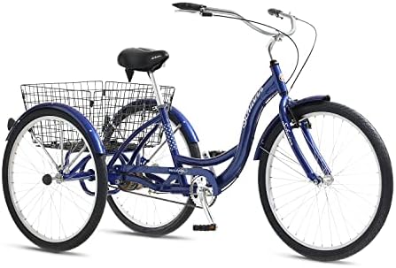 Schwinn Meridian Adult Tricycle Bike, Three Wheel Cruiser, 26-Inch Wheels, Low Step-Through Aluminum Frame, Adjustable Handlebars, Large Seat, Rear Folding Basket, Single-Speed, Blue