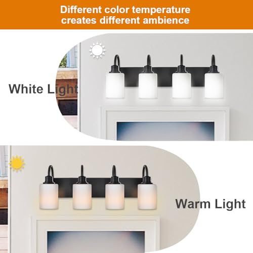 Image of 4 Light Vanity Light Fixture,Matte Black Wall Sconces Lighting with Opal White Glass Shade Metal Interior Bathroom Lights Over Mirror for Hallway Bedroom