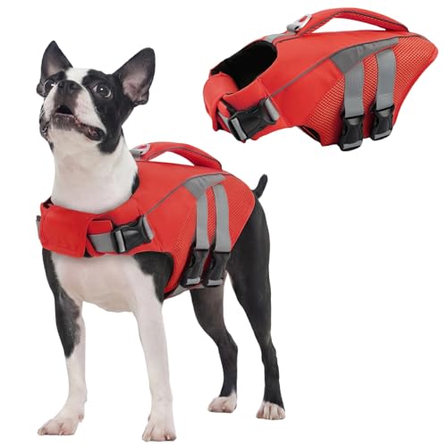 IECOii Dog Life Jacket High Flotation for Swimming Boating Kayaking, Reflective Dogs Swim Vest with Rescue Handle and Leash Ring, Adjustable Life Vest for for Pool Beach Lake, Red, Size XS R